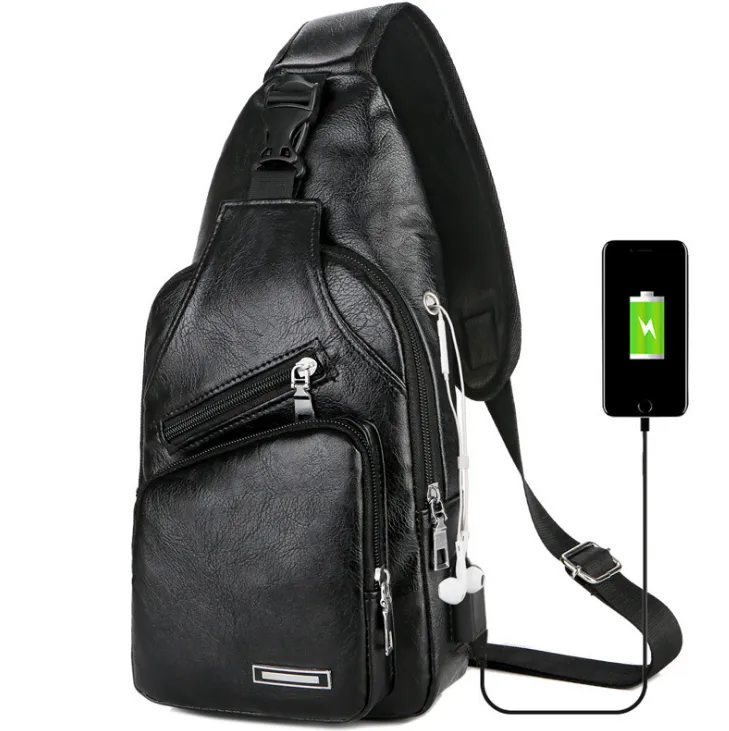 USB Portable Charging Chest/Messenger Bag with Adjustable Shoulder Strap and Soft Wear-resistant PU Leather and Front Pockets