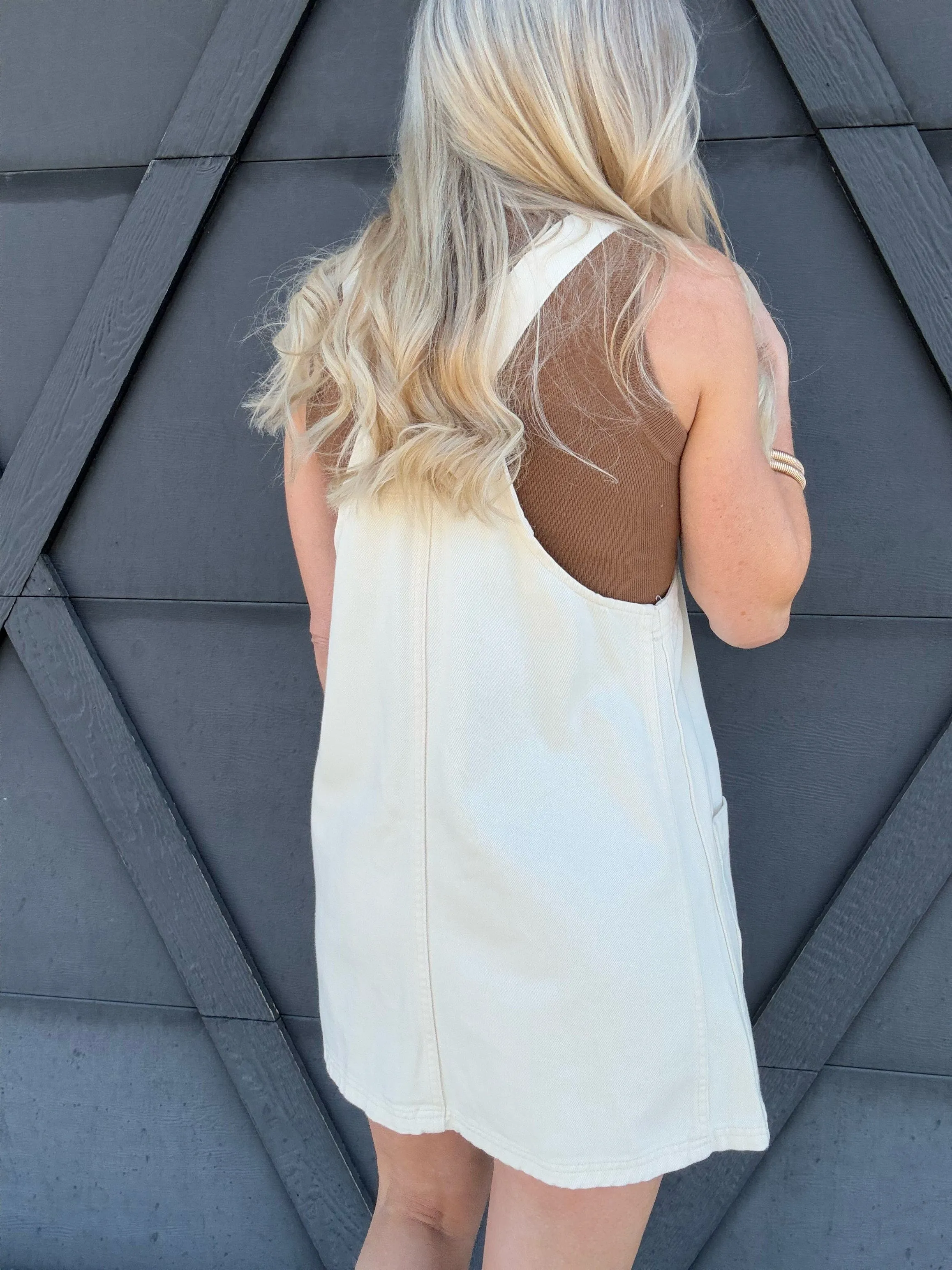 Washed Mini Overall Dress In Bone