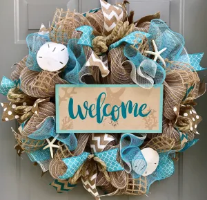 Welcome Beach Burlap Deco Mesh Wreath with Sea Shells, Seashell Wreath, Beach Wreath, Starfish Wreath