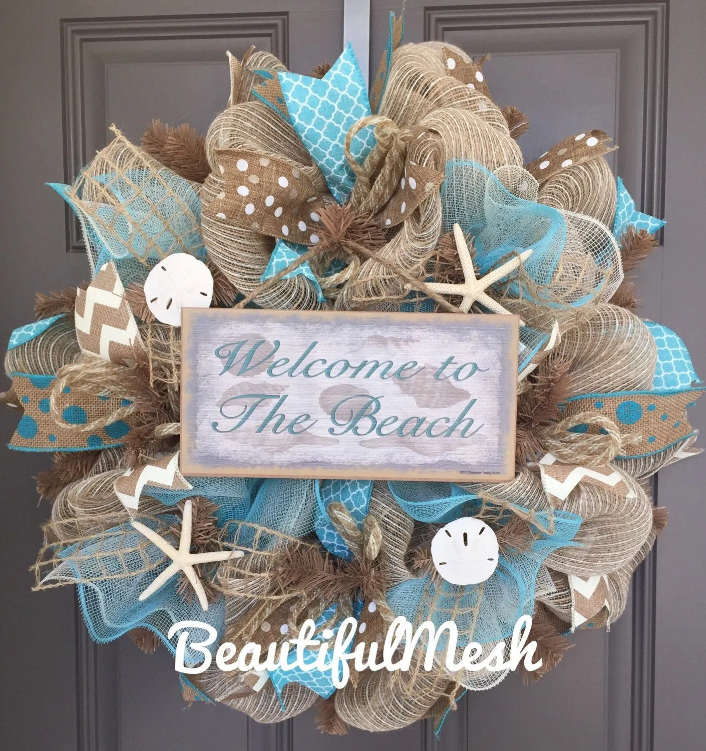 Welcome to the Beach Burlap/Deco Mesh Wreath with Sea Shells, Seashell Wreath, Beach Wreath, Starfish Wreath