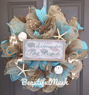 Welcome to the Beach Burlap/Deco Mesh Wreath with Sea Shells, Seashell Wreath, Beach Wreath, Starfish Wreath