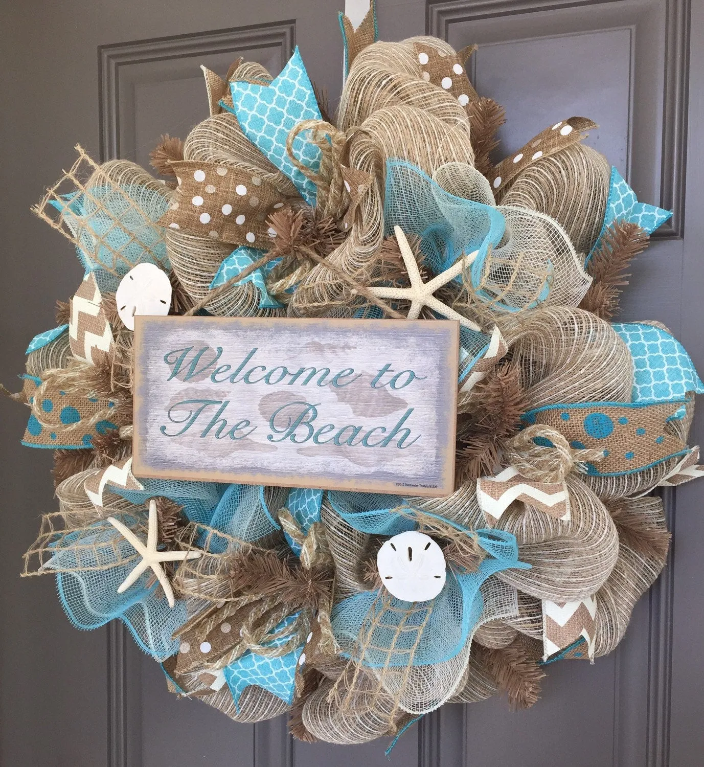 Welcome to the Beach Burlap/Deco Mesh Wreath with Sea Shells, Seashell Wreath, Beach Wreath, Starfish Wreath