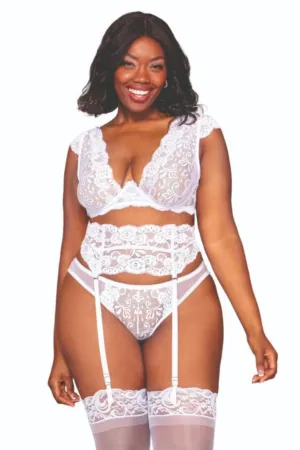 White Plus Size Lace Garter Set with Ribbon Accent