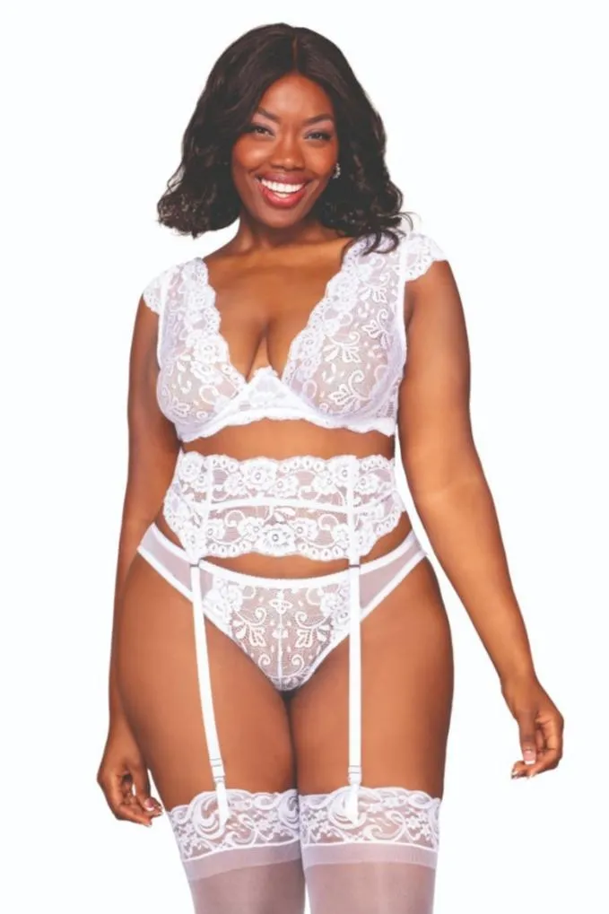 White Plus Size Lace Garter Set with Ribbon Accent