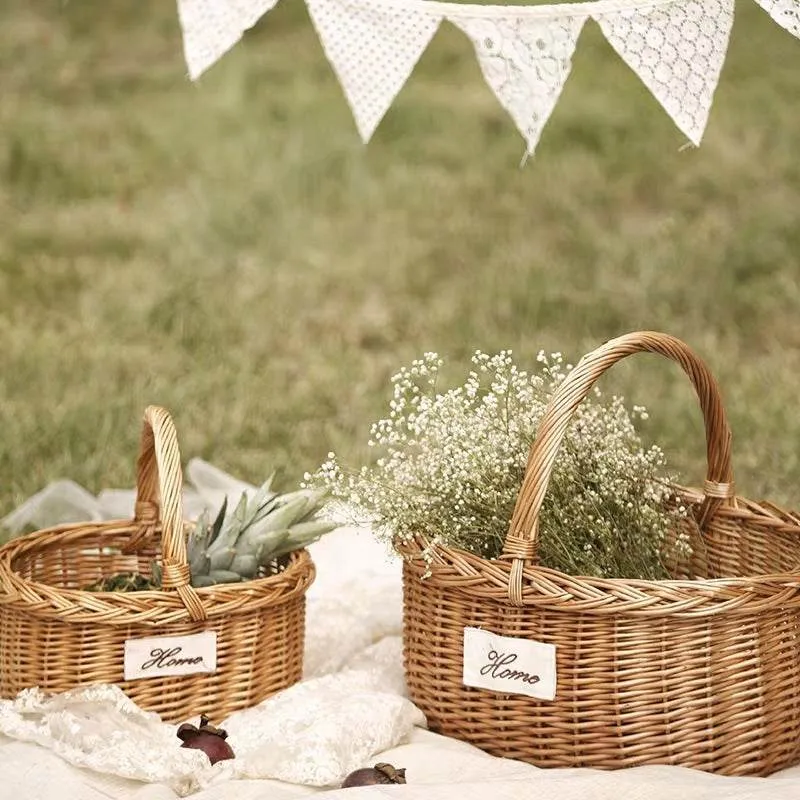 Wicker Woven Outdoor Picnic Fruit Basket Portable