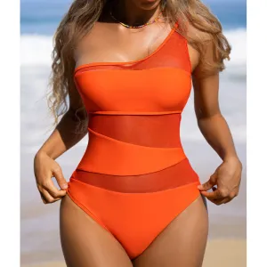 Women's Cut Out Contrast Mesh One Shoulder One Piece Swimsuit, Solid Backless One Piece Swimwear for Summer C-240314-2