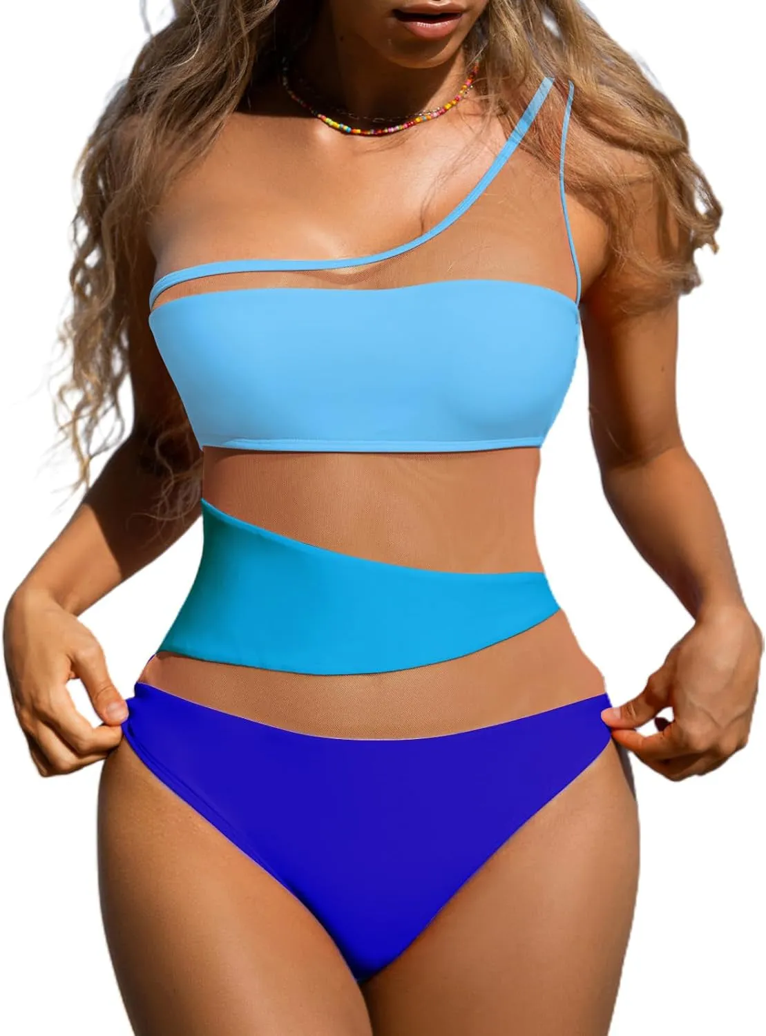 Women's Cut Out Contrast Mesh One Shoulder One Piece Swimsuit, Solid Backless One Piece Swimwear for Summer C-240314-2