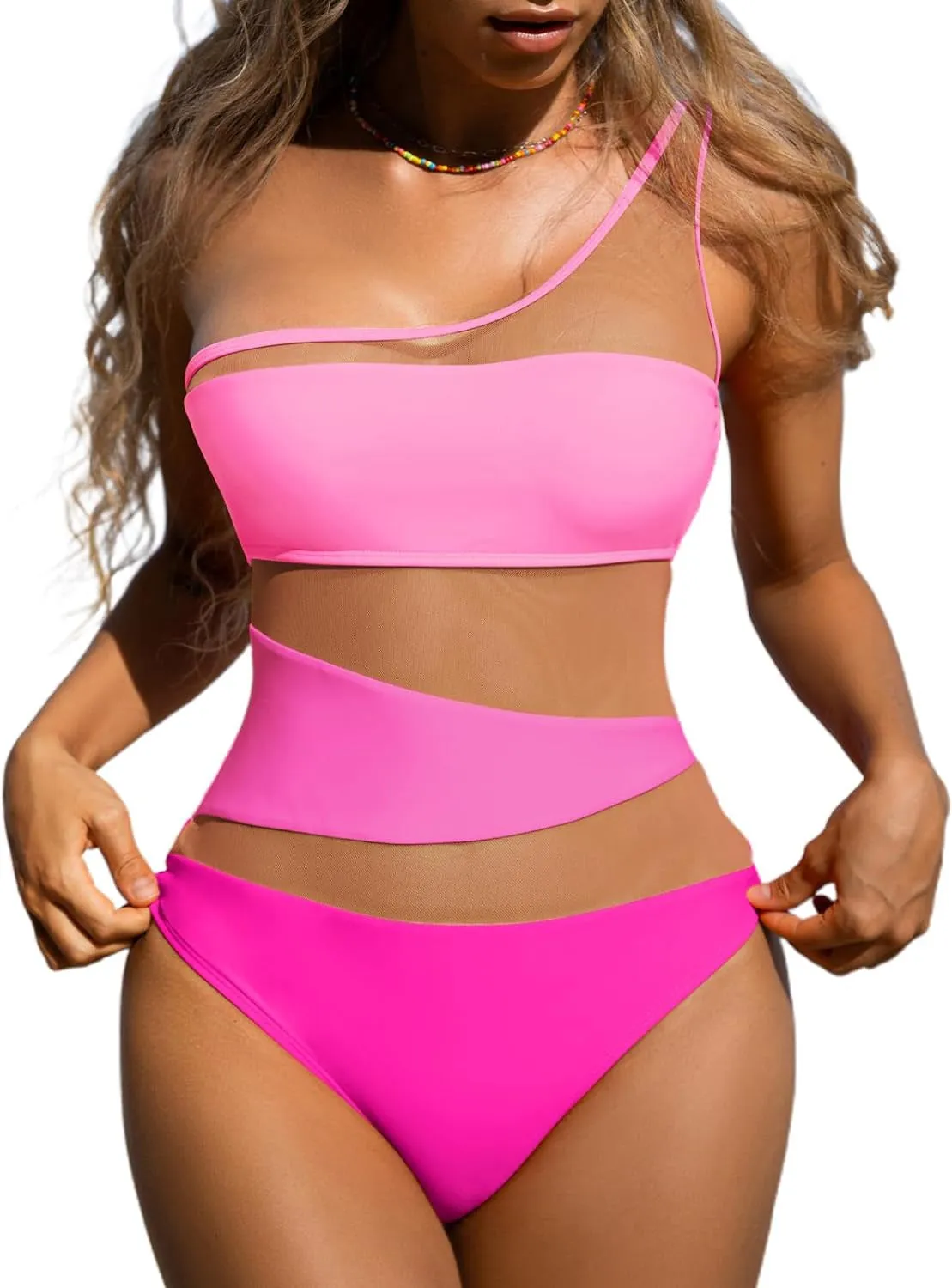 Women's Cut Out Contrast Mesh One Shoulder One Piece Swimsuit, Solid Backless One Piece Swimwear for Summer C-240314-2