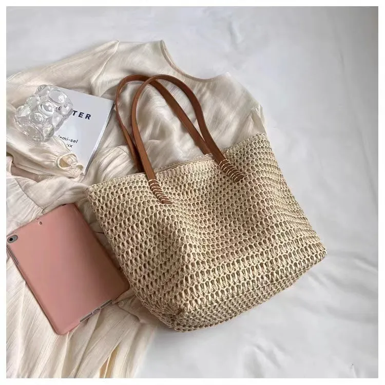 XIEYINSHE In Stock Simple Shoulder Large Capacity Straw Bag Women's Summer Versatile Straw Bag Woven Bag Seaside Vacation Beach Bag